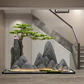 仿真迎客松假山石景观室内客厅别墅楼梯下拐角玄关枯山水造景装饰