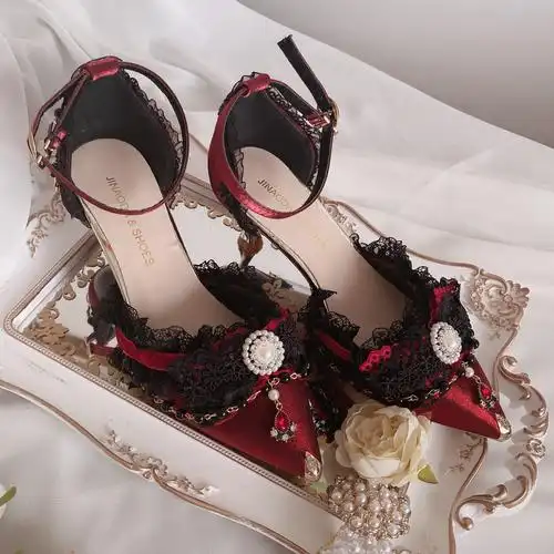 少女lolita手作红色高跟鞋哥特花嫁腥红之月九歌lolita洛丽塔鞋类