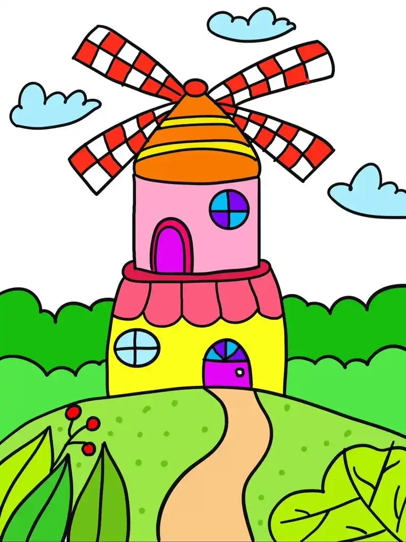 大风车房子儿童画.#一学就会的简笔画 #跟着抖音学画画 #原 - 抖音