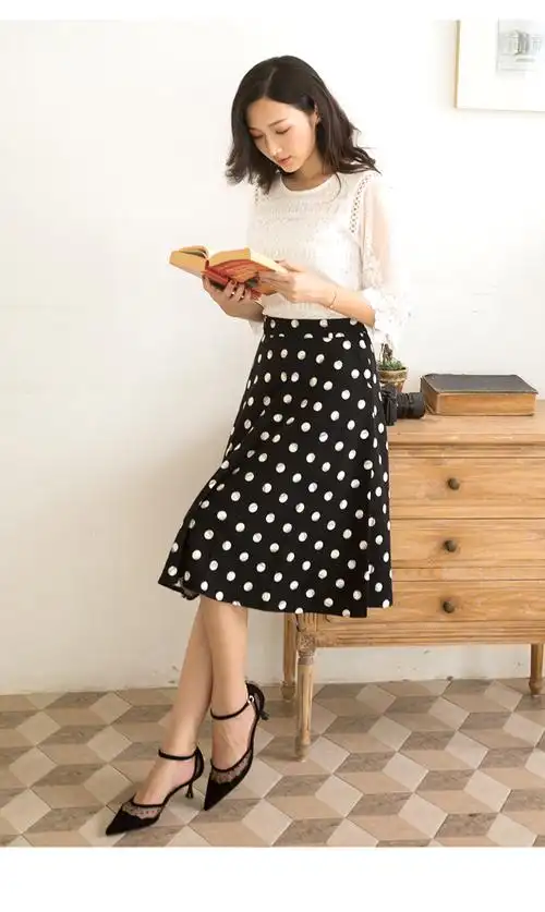 特尚莱菲 波点半身裙女2021秋新款中长款裙子高腰a字裙休闲显瘦伞裙