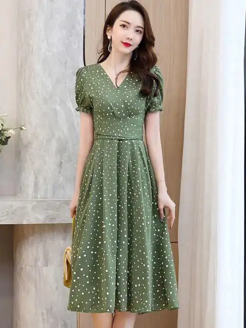 中长款波点连衣裙2021夏装新款时尚修身显瘦高级感连衣裙m一3Ⅹl