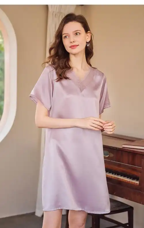 商场同款美标短袖真丝睡裙女春夏新款性感19姆米重磅丝绸100桑蚕丝