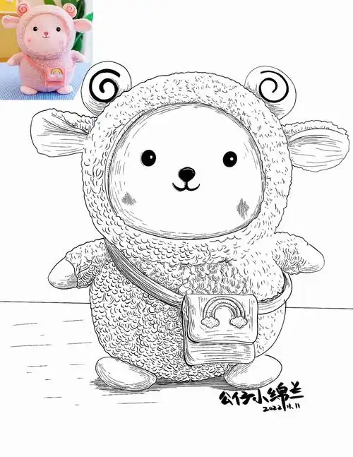 毛绒玩具公仔可爱的小绵羊学生线描速写素材