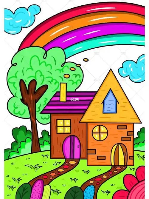 少儿美术附线稿创意房子儿童画6岁以上