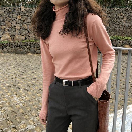 百思朵chic橘粉色毛衣女韩版软糯修身弹力内搭打底上衣高领针织衫