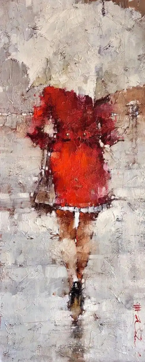 雨中红裙女子的背影俄罗斯画家安德烈科恩的油画