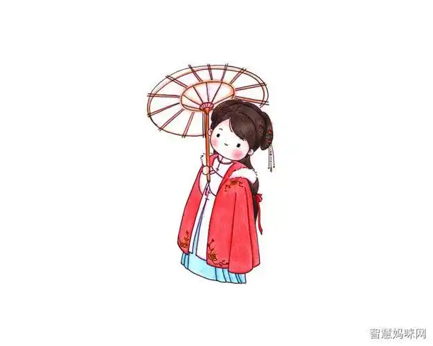 身披大红斗篷的汉服小女孩简笔画教程
