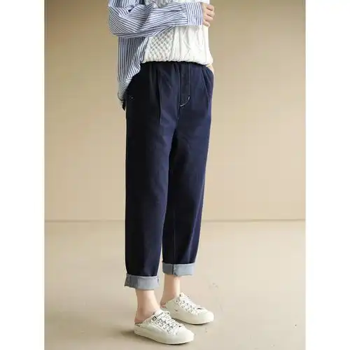 天然出品通勤深蓝松紧腰宽松牛仔裤女阔腿百搭休闲裤子秋冬ka5836