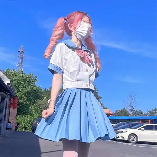 实拍现货短袖套装蓝色水手服中间服jk制服学院风基础款 - 17网