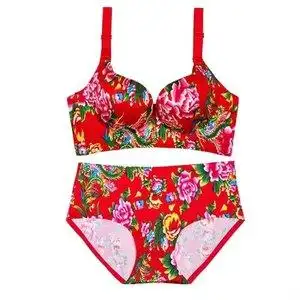 云卷云舒文胸内衣套装女碎花印花东北大花朵大红色正红色翠绿色东