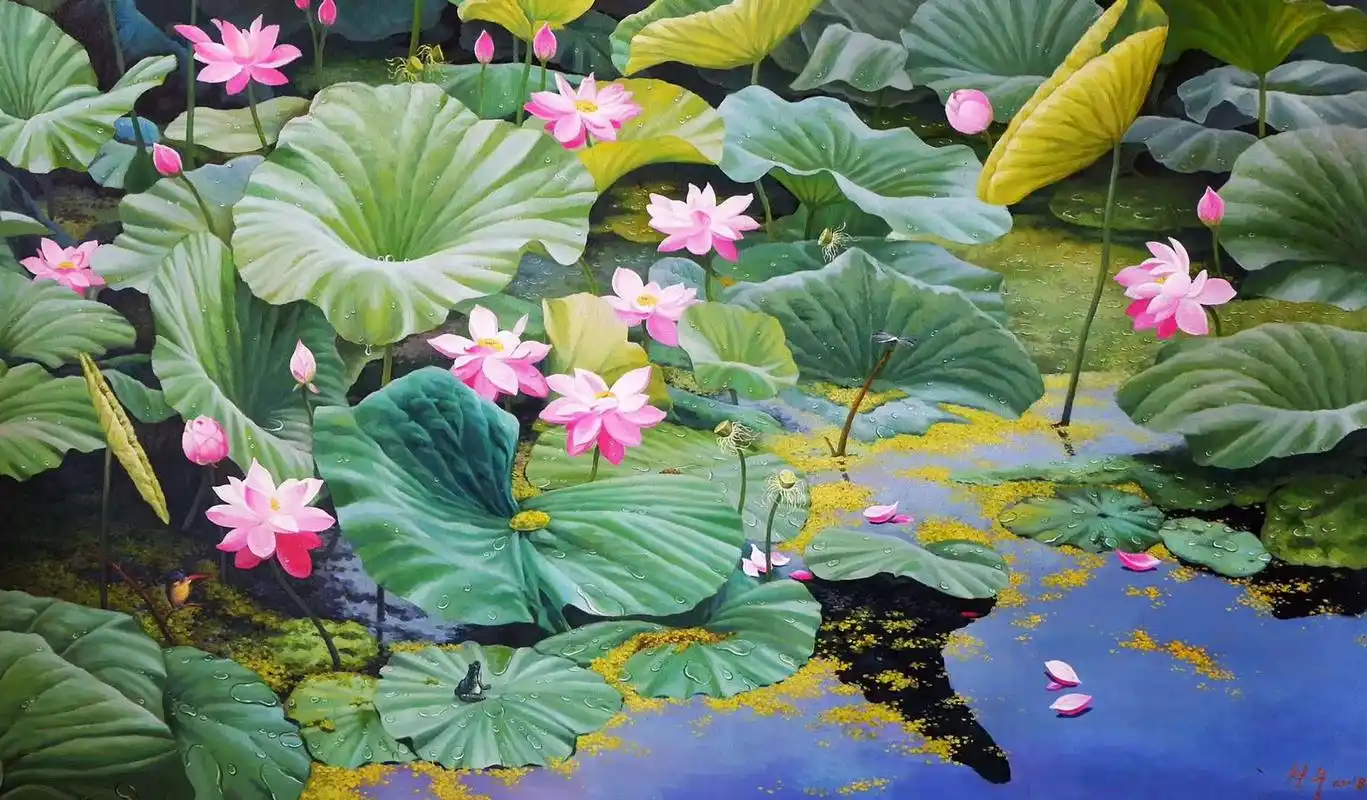 油画《青蛙荷塘》,162*91,金哲秀