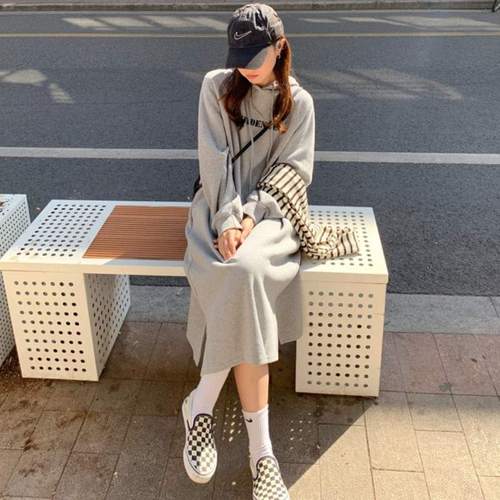 长款连帽卫衣外套女2021年秋冬新款加绒加厚连衣裙减龄休闲卫衣裙