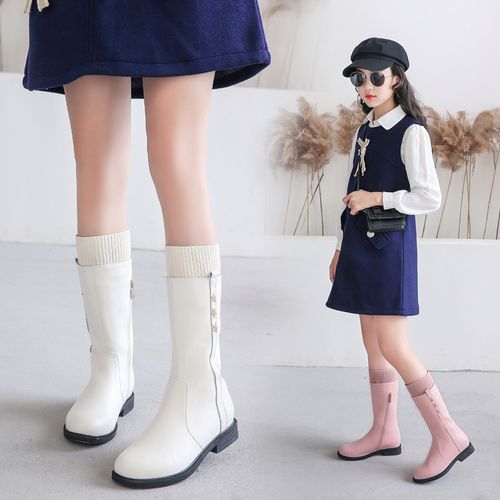 儿童靴子2020年秋冬中小学生高筒靴女童长靴粉色长筒皮靴
