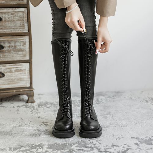族季长筒靴女冬季加绒厚底靴子2021高筒靴骑士靴显瘦马丁靴长靴