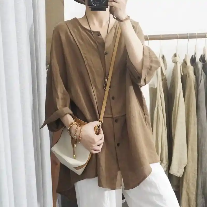 高品质文艺亚麻衬衫宽 - 抖音