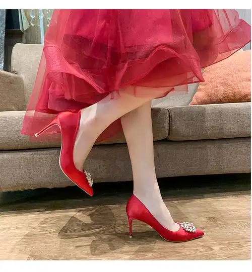 鞋白色婚鞋迪丽热巴新娘鞋年绸缎女尖头细跟单鞋高跟伴娘鞋 白纱色6cm