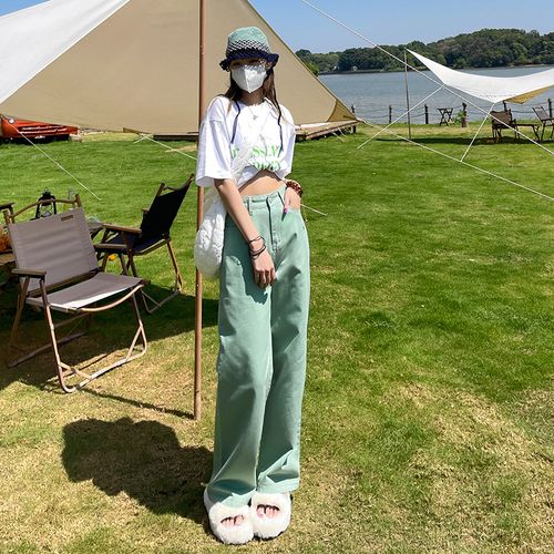 浅绿色春夏高腰阔腿牛仔裤女韩版2022新款休闲百搭宽松直筒拖地裤
