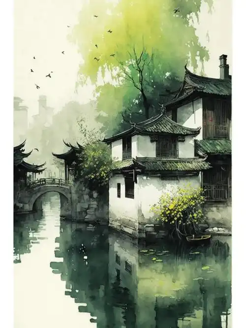 江南水乡水彩风景