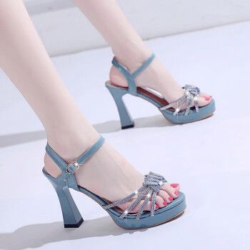 日本高跟鞋女凉鞋年夏防水台厚底时装女鞋粗跟气质大走秀鞋品牌蓝色34