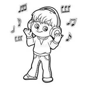 听者着色书:小男孩在耳机上听音乐照片