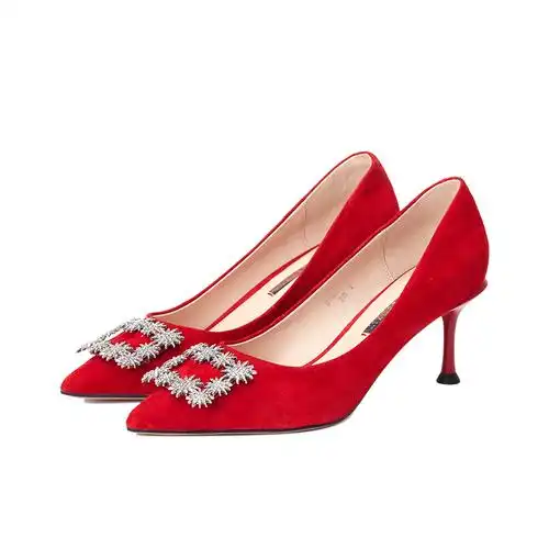 红蜻蜓春秋季新款时尚精致红色高跟鞋宴会尖头浅口单鞋女b1301503