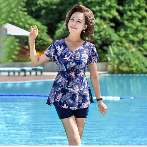 泡温泉泉中老年人泳衣女保守妈妈款连体分体五分遮肚显瘦大码游泳装