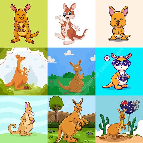 卡通袋鼠插画 9款扁平化可爱动物形象背景 ai格式矢量设计素材