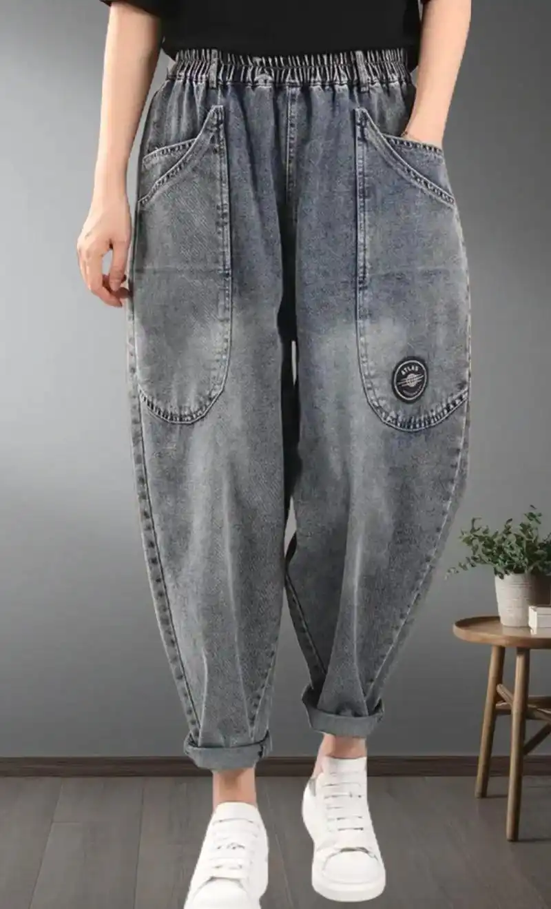 牛仔哈伦裤,女松紧腰秋季新款.韩版大口袋宽松大码显瘦休闲阔腿长裤