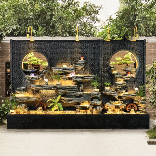 水幕墙流水屏幕墙流水屏风假山喷泉鱼池造景酒店庭院办公室玄关景观