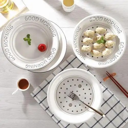 双层沥水饺盘 圆形沥水双层陶瓷盘子菜盘大号水饺托盘蒸盘10英寸饺子