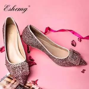 eshemg婚鞋水晶鞋女高跟鞋2021新款粉色亮片细跟百搭晚礼服宴会鞋