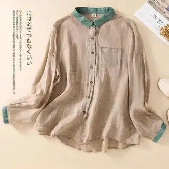 lgxp棉麻女装亚麻高档上衣苎麻女品牌复古撞色长袖士衬衫秋季宽松大