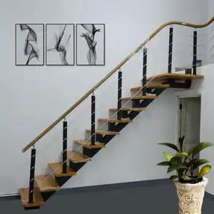 斜直梁钢木楼梯 直梯 阁楼别墅客厅 室内复式楼扶手踏步 现代整体