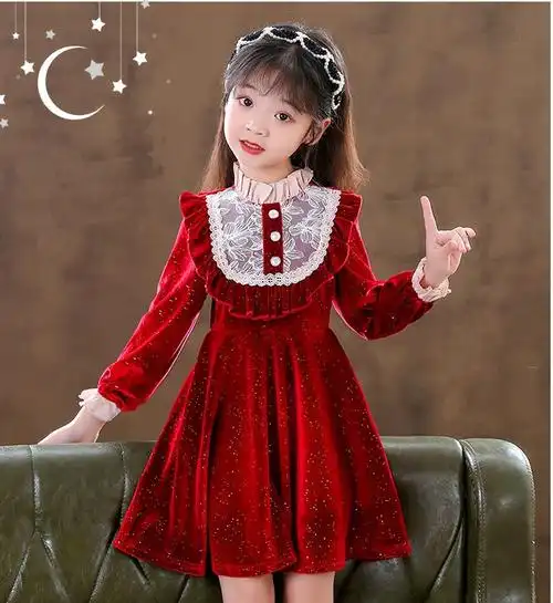 女童秋冬连衣裙冬洋气衣服冬季儿童加绒礼服金丝绒公主裙红色裙子