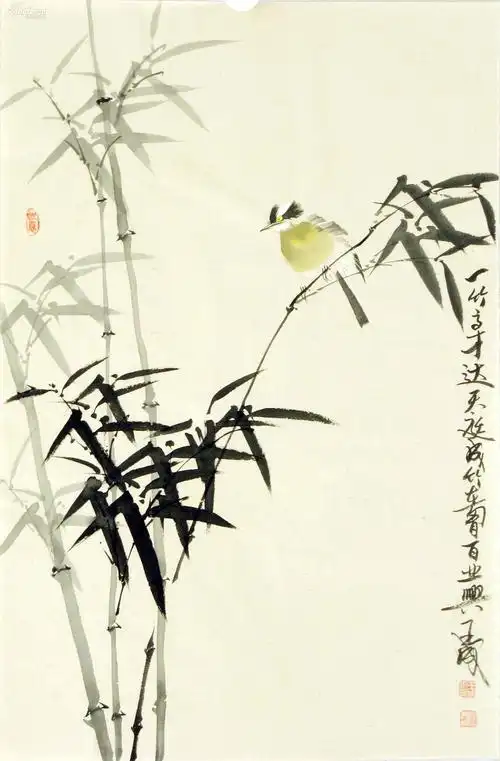 王成工笔花鸟(四尺三开规格)《一竹高才达天庭,成竹在胸百业兴.