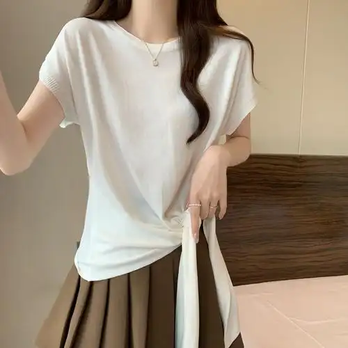 实拍~大码不规则下摆打结短袖t恤女夏季胖mm遮肚显瘦冰丝上衣 - 17网