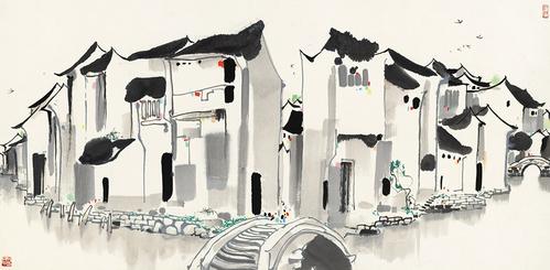 吴冠中水墨画国画江南水乡周庄四尺横幅山水复制画艺术国画