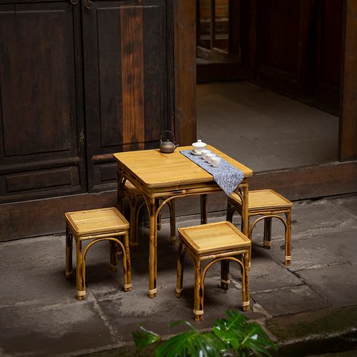 新中式茶桌椅组合喝茶竹桌竹椅子凳子靠背椅手工老式竹编家用茶几