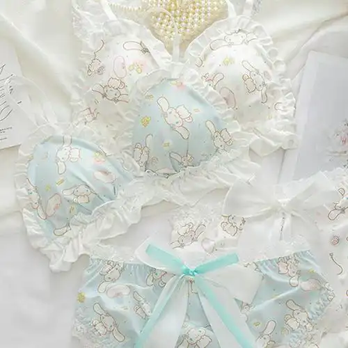 日系大耳玉桂狗文胸套装少女可爱学生洛丽塔无钢圈内衣胸罩夏季薄