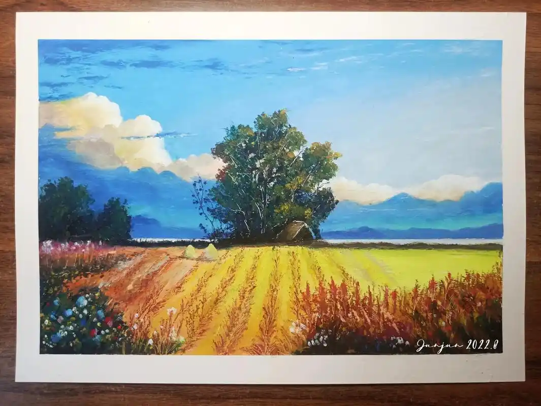 麦田.油画棒手绘#油画棒风景画 #高尔乐油画棒 #丹可林重彩 - 抖音