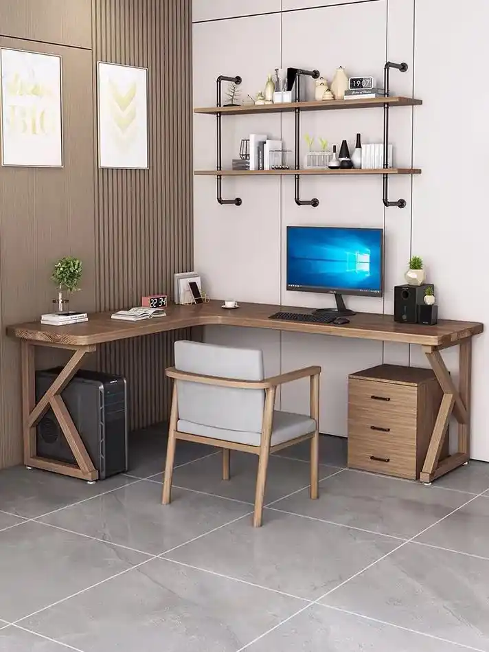 全实木转角书桌书架组合家用小户型拐角办公桌简约l型角落电脑桌 - 抖