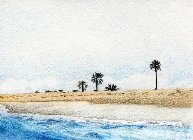 风景彩铅画教程:教你画一幅美丽的沙滩风景画