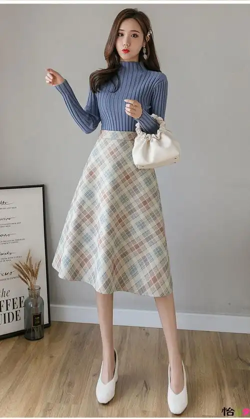 怡慕夕毛呢料斜纹格子半身裙中长款秋冬新款高腰显瘦长裙配大衣半裙