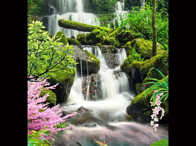 清新山水风景画瀑布鲤鱼玄关背景墙