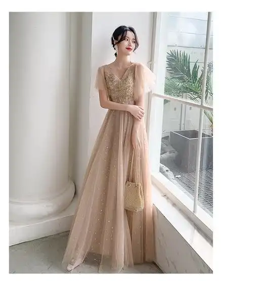 【艺考声乐礼服】钢琴演出服学生少女晚礼服2020新款v领亮片礼服裙女