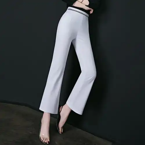 夏季薄款针织弹力中年女裤白色高腰微喇裤女士修身显瘦九分喇叭裤