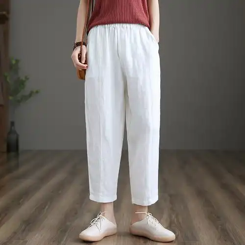 dza文艺高腰显瘦白色白色棉棉麻裤子女士宽松休闲裤