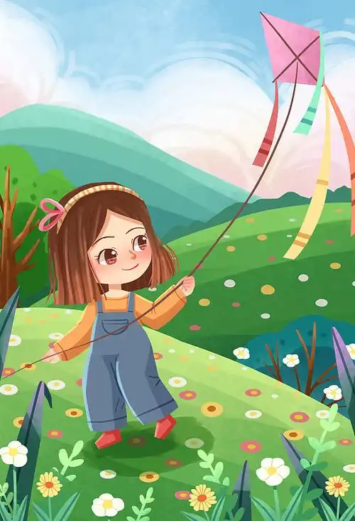 手绘立春春分节气清明节踏春女孩放风筝插画下载