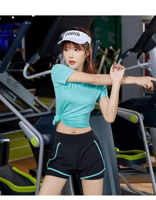 运动套装女性感春夏季新款短袖健身房跑步速干上衣瑜伽服女秋绿色短袖