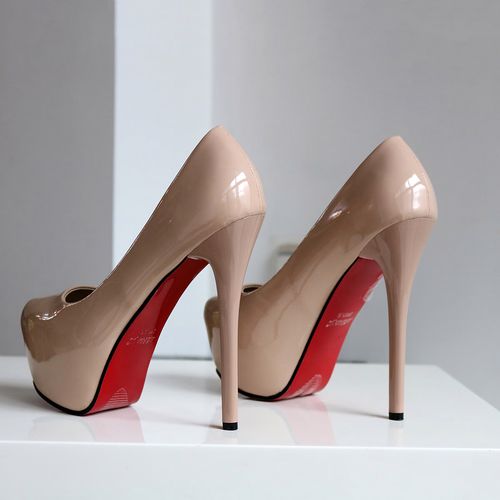 smvp恨天高裸色漆皮红底超高跟单鞋女浅口春季防水台细跟简单亮皮 裸